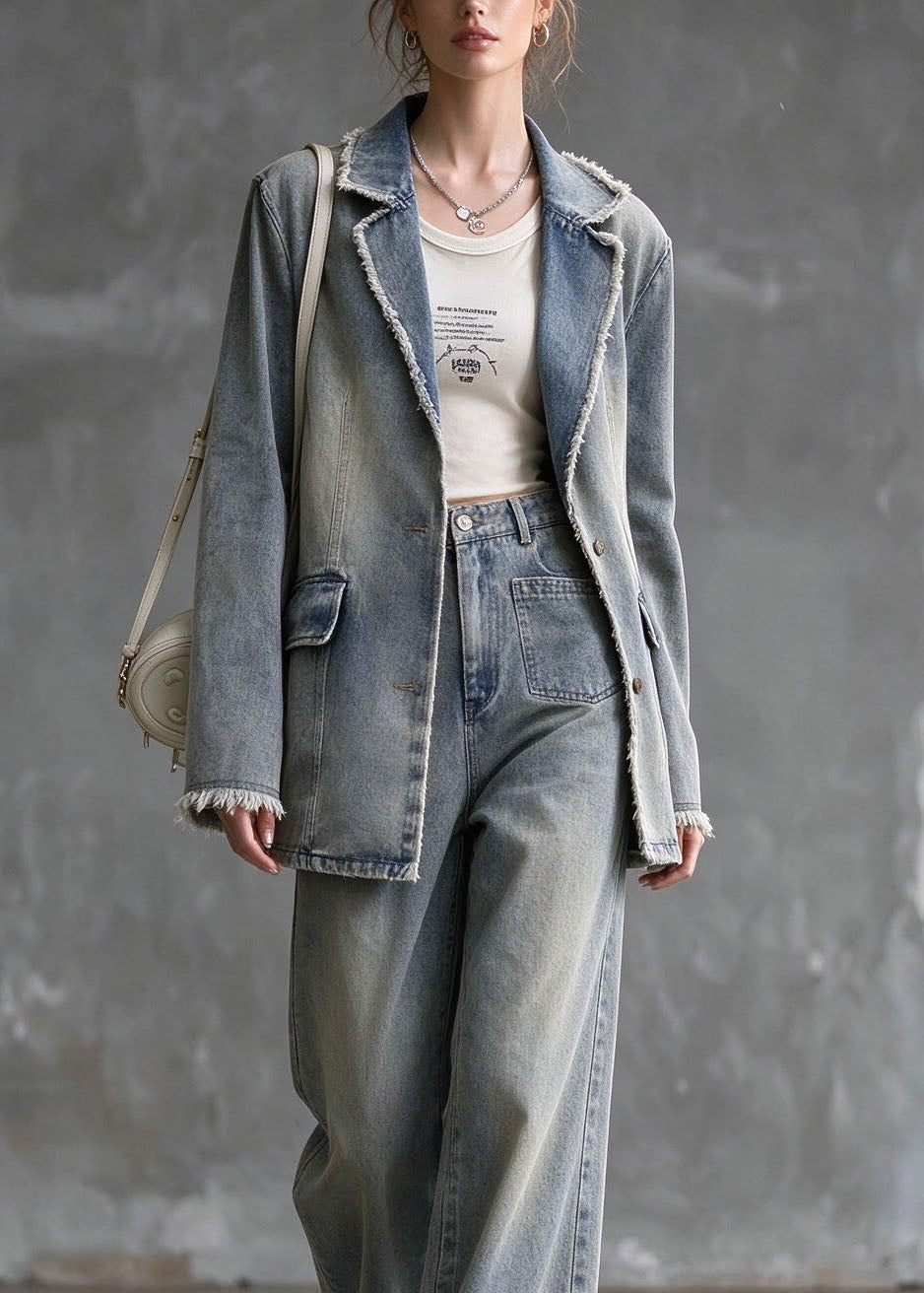 Italian Blue Peter Pan Collar Coat And Pants Denim Two Piece Set Outfits Summer