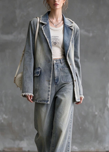 Italian Blue Peter Pan Collar Coat And Pants Denim Two Piece Set Outfits Summer