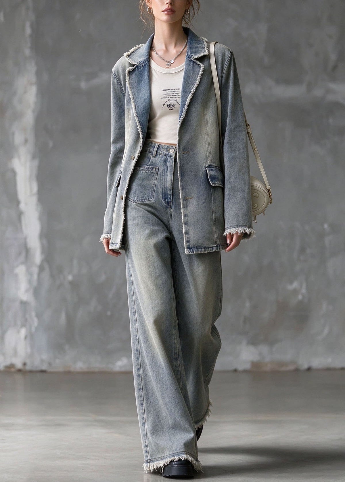 Italian Blue Peter Pan Collar Coat And Pants Denim Two Piece Set Outfits Summer