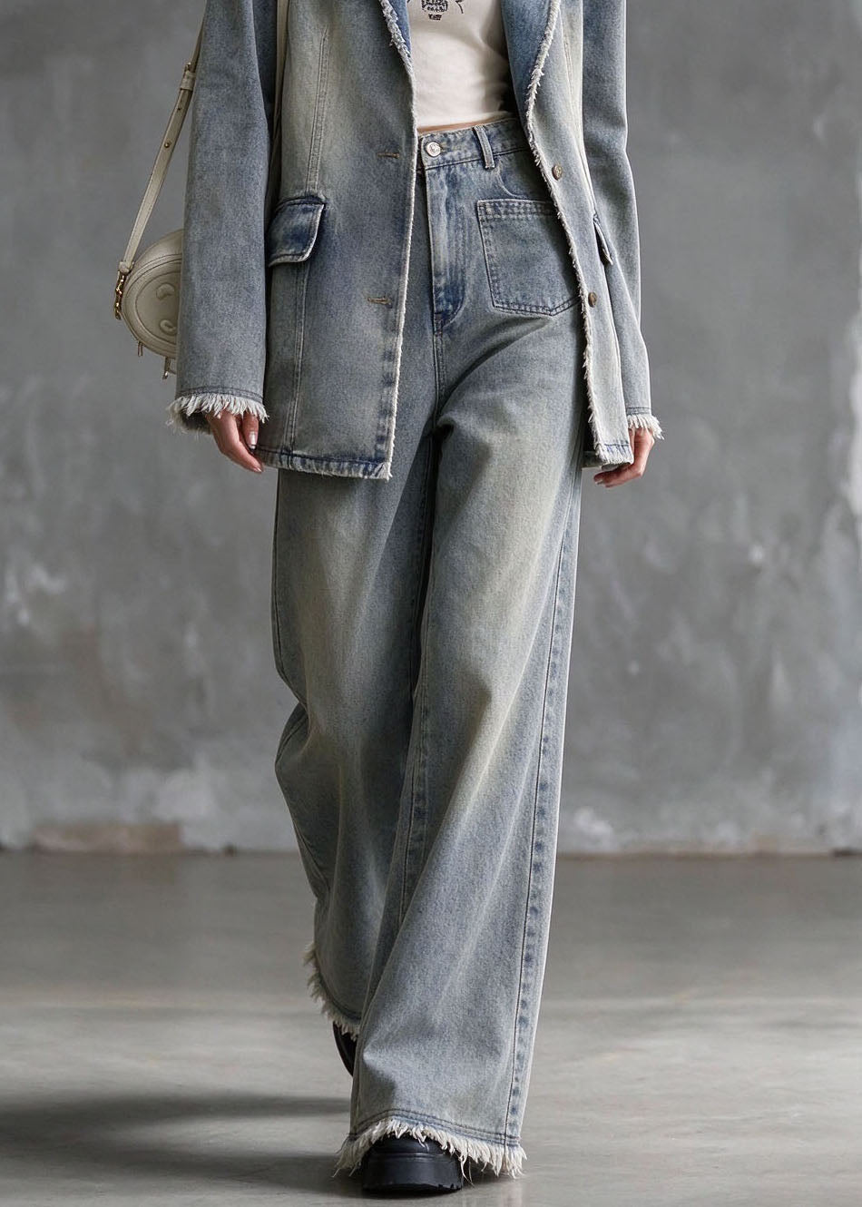 Italian Blue Peter Pan Collar Coat And Pants Denim Two Piece Set Outfits Summer
