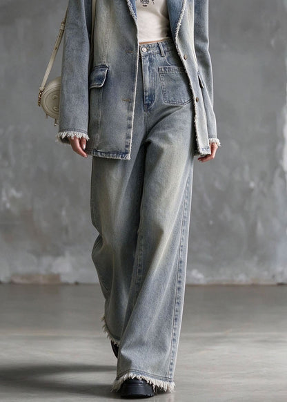 Italian Blue Peter Pan Collar Coat And Pants Denim Two Piece Set Outfits Summer