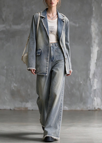 Italian Blue Peter Pan Collar Coat And Pants Denim Two Piece Set Outfits Summer