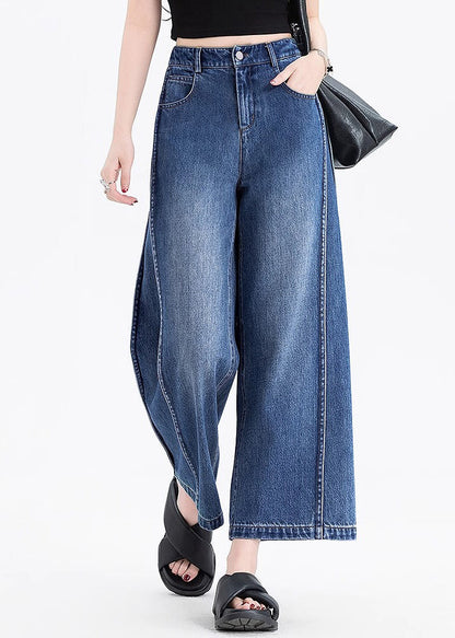 Italian Blue Pockets Patchwork Denim Crop Pants Summer