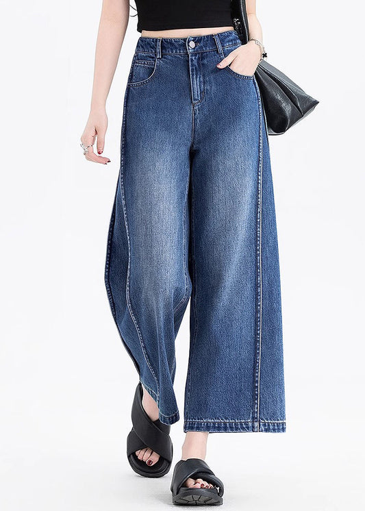 Italian Blue Pockets Patchwork Denim Crop Pants Summer