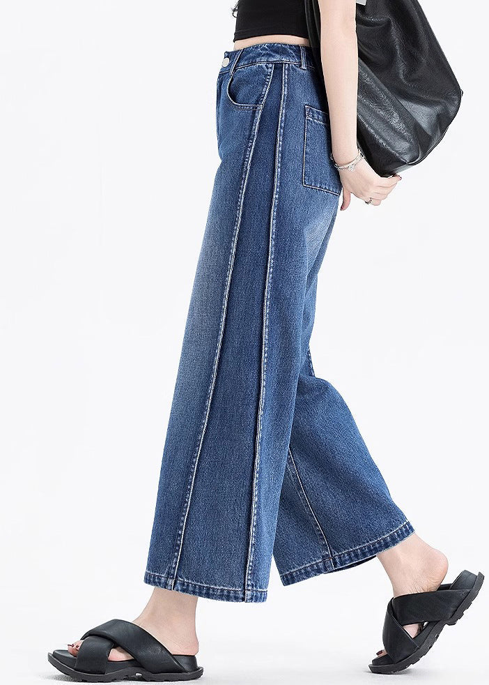 Italian Blue Pockets Patchwork Denim Crop Pants Summer