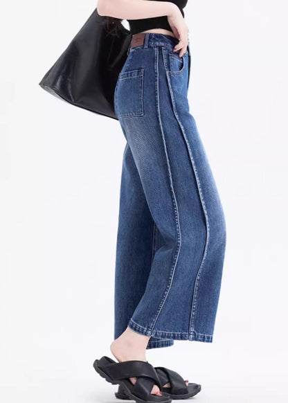 Italian Blue Pockets Patchwork Denim Crop Pants Summer