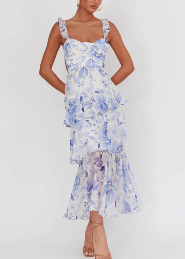 Italian Blue Print Backless Lace Up Chiffon Spaghetti Strap Dress Sleeveless