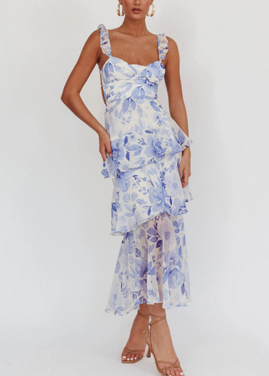 Italian Blue Print Backless Lace Up Chiffon Spaghetti Strap Dress Sleeveless