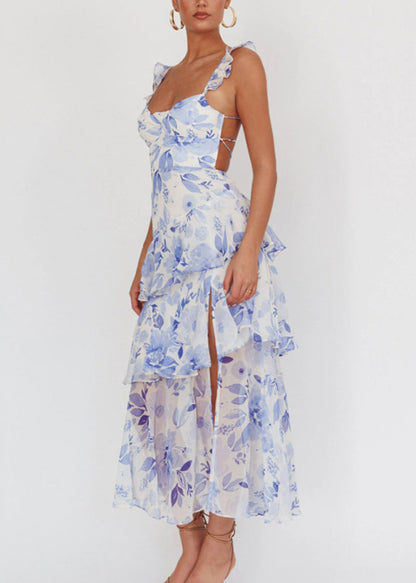 Italian Blue Print Backless Lace Up Chiffon Spaghetti Strap Dress Sleeveless