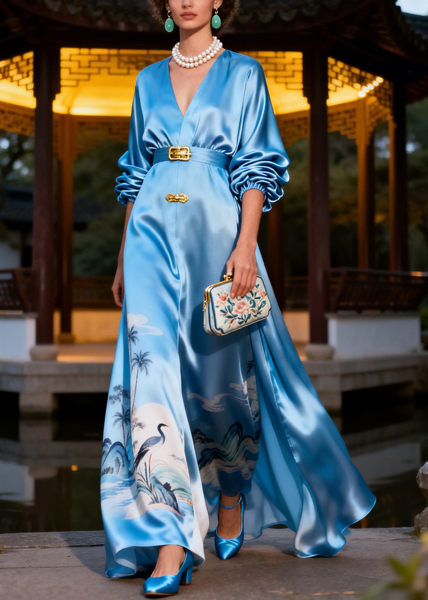 Italian Blue Print Exra Large Hem Silk Party Dress Summer