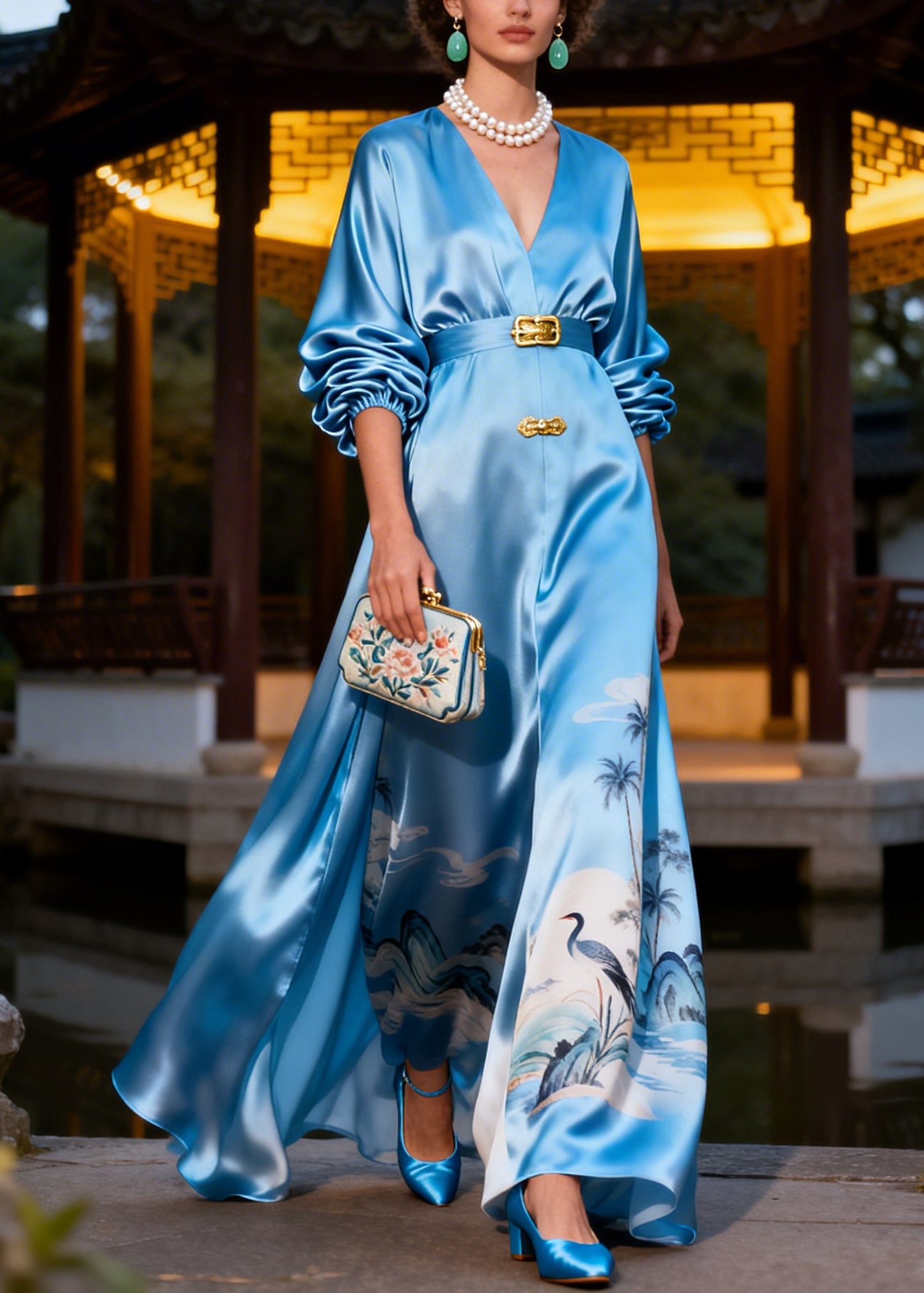 Italian Blue Print Exra Large Hem Silk Party Dress Summer