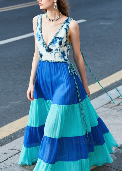 Italian Blue Print Patchwork Chiffon Dinner Dresses Summer
