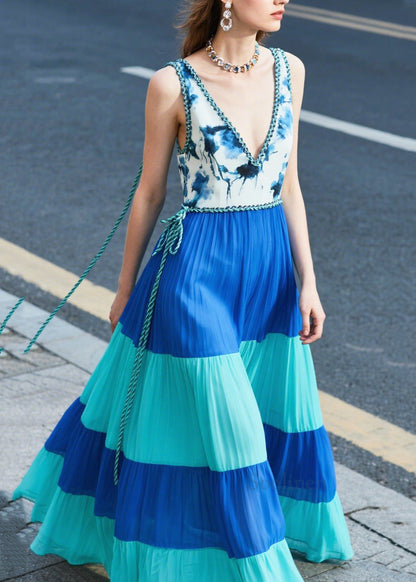 Italian Blue Print Patchwork Chiffon Dinner Dresses Summer