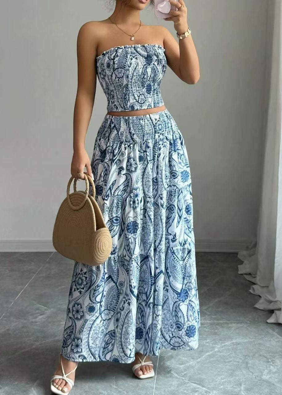 Italian Blue Print Strapless Cotton Two Piece Suit Set Summer