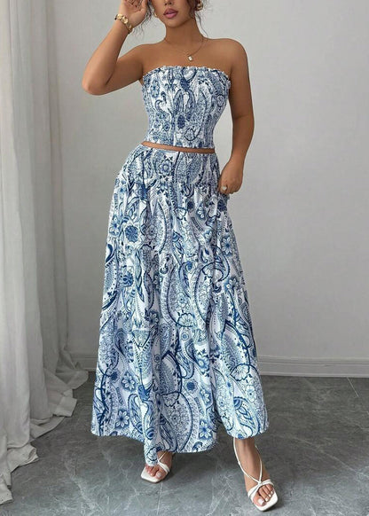 Italian Blue Print Strapless Cotton Two Piece Suit Set Summer