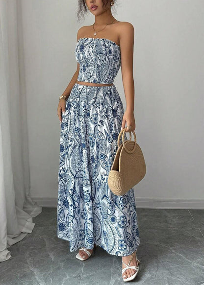 Italian Blue Print Strapless Cotton Two Piece Suit Set Summer
