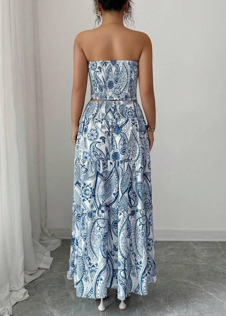Italian Blue Print Strapless Cotton Two Piece Suit Set Summer