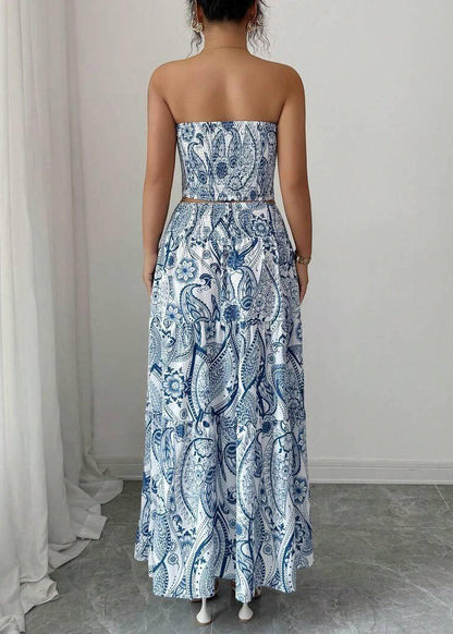 Italian Blue Print Strapless Cotton Two Piece Suit Set Summer