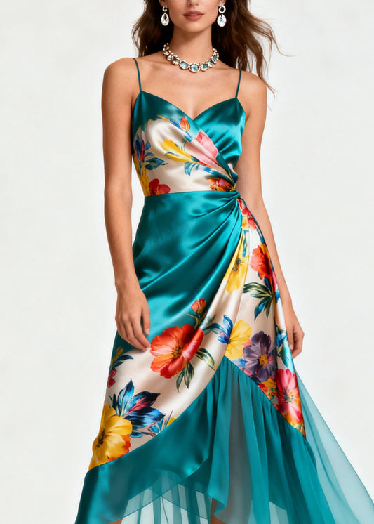 Italian Blue Print Wrinkled Patchwork Silk Spaghetti Strap Dress Summer