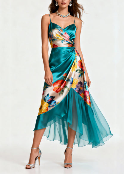 Italian Blue Print Wrinkled Patchwork Silk Spaghetti Strap Dress Summer