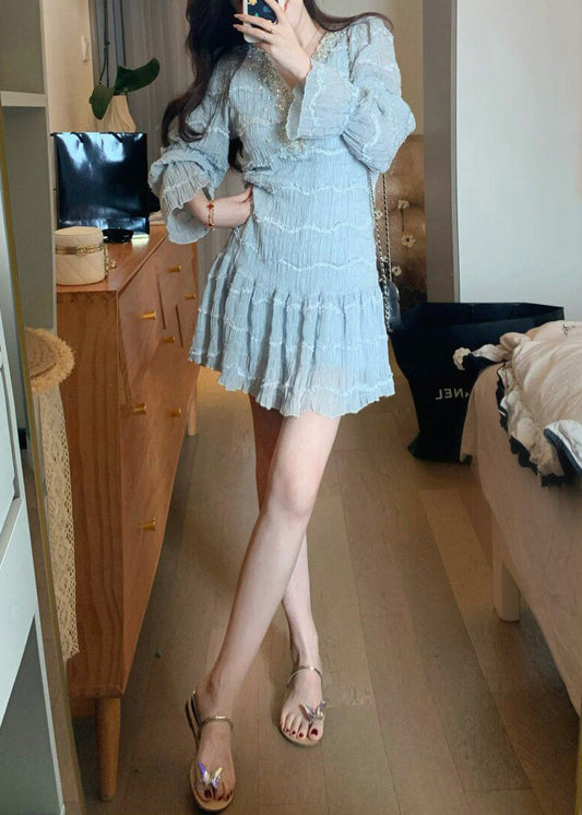 Italian Blue Ruffled Zircon Pearl Chiffon Mid Dress Spring