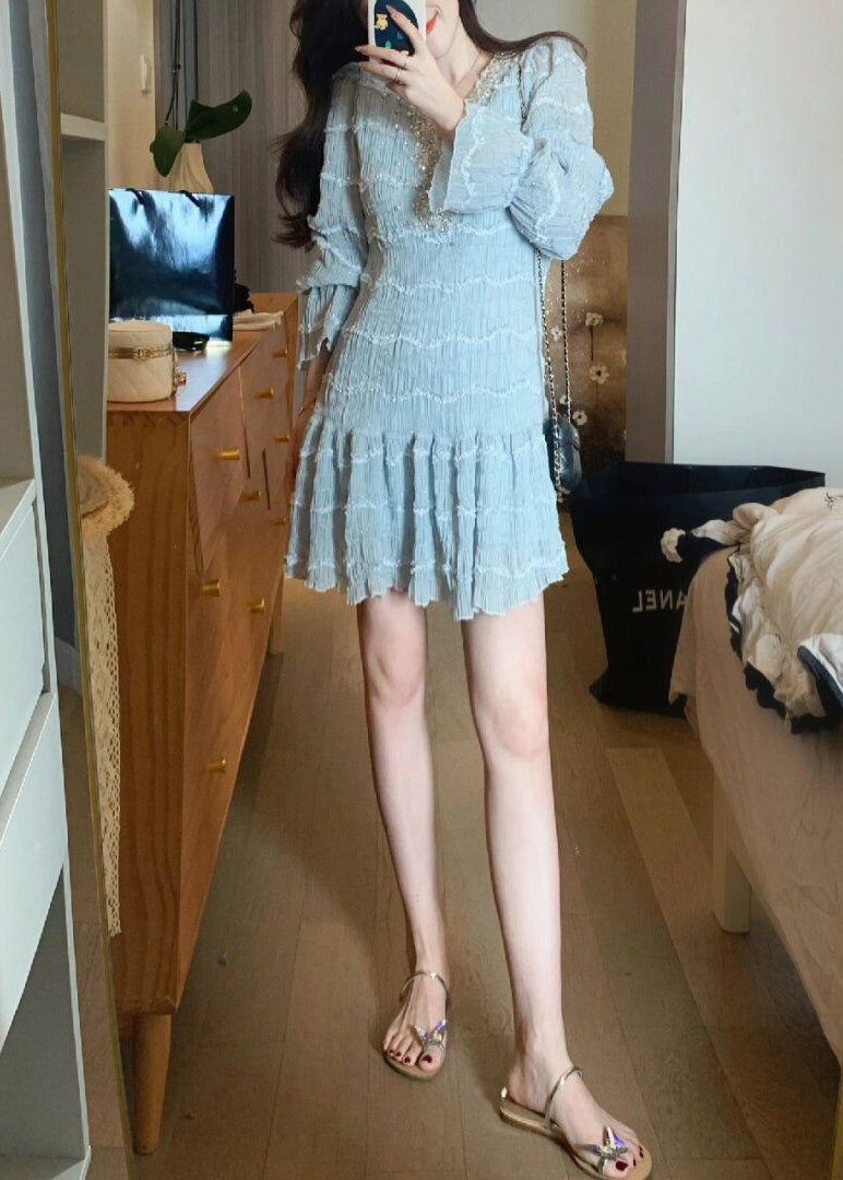 Italian Blue Ruffled Zircon Pearl Chiffon Mid Dress Spring