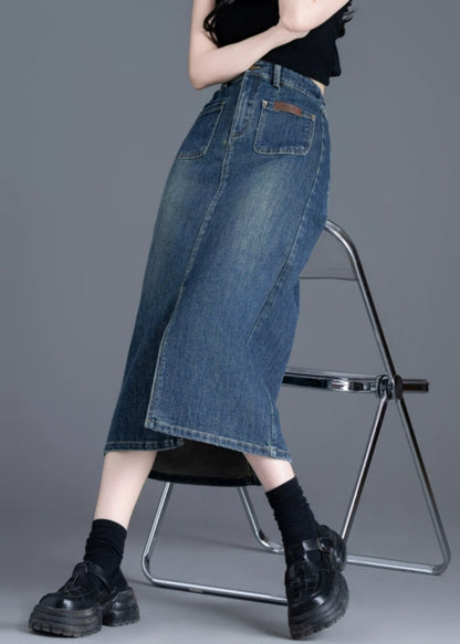 Italian Blue Side Open Silm Fit Denim A Line Skirt Spring