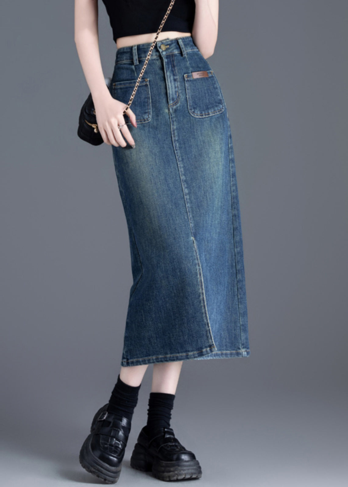 Italian Blue Side Open Silm Fit Denim A Line Skirt Spring