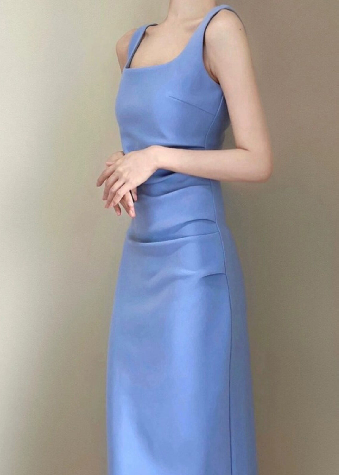 Italian Blue Side Open Wrinkled Cotton Dress Sleeveless