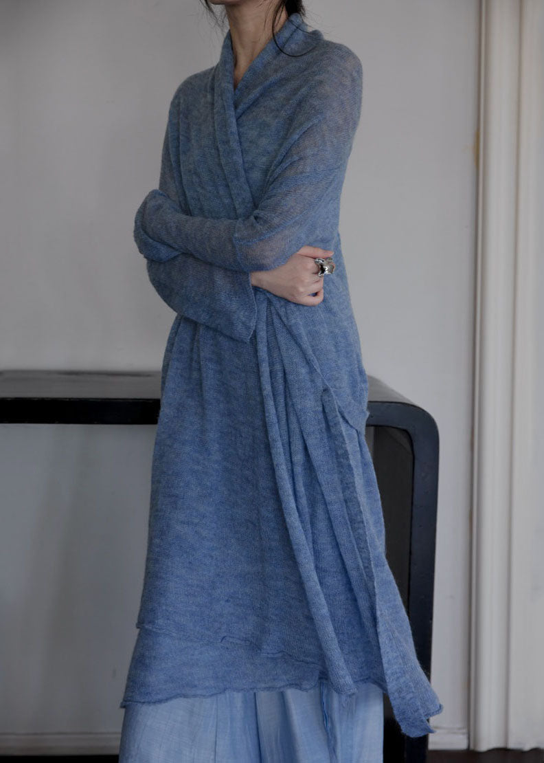 Italian Blue Tie Waist Asymmetrical Woolen Cardigans Fall