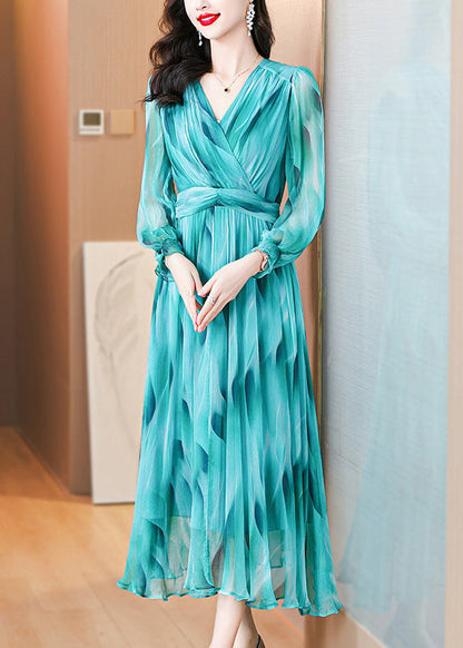 Italian Blue V Neck Flattering Robe Dresses Lanter Sleeve