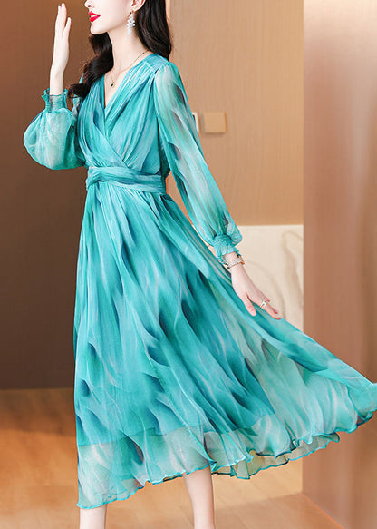 Italian Blue V Neck Flattering Robe Dresses Lanter Sleeve