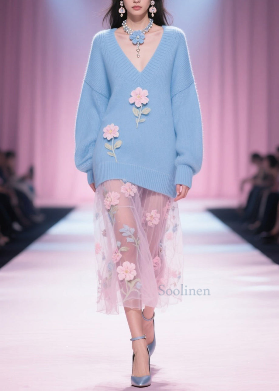 Italian Blue V Neck Floral Patchwork Knit Short Sweater Fall