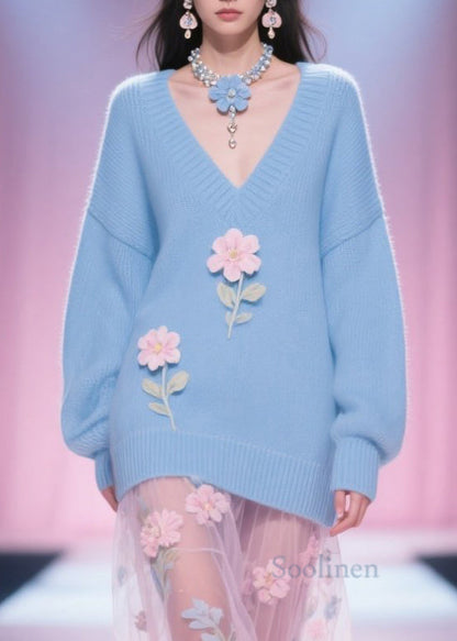 Italian Blue V Neck Floral Patchwork Knit Short Sweater Fall