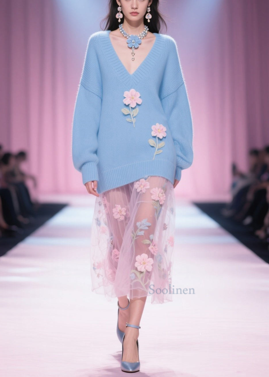 Italian Blue V Neck Floral Patchwork Knit Short Sweater Fall