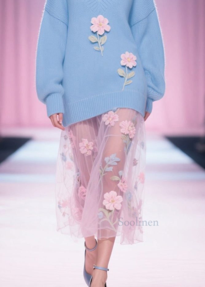 Italian Blue V Neck Floral Patchwork Knit Short Sweater Fall