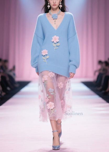 Italian Blue V Neck Floral Patchwork Knit Short Sweater Fall