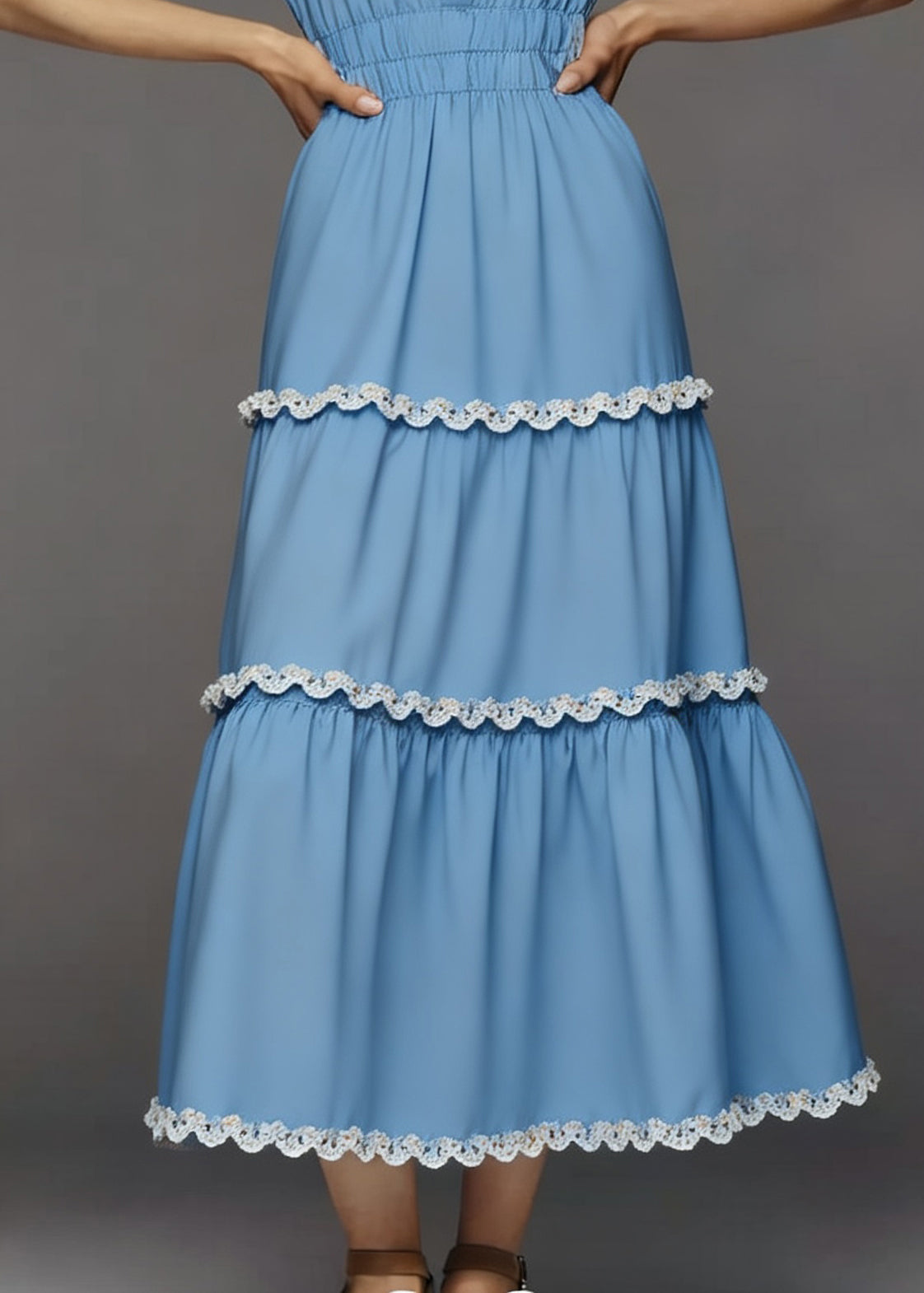 Italian Blue V Neck Lace Patchwork Cotton Long Dress Summer