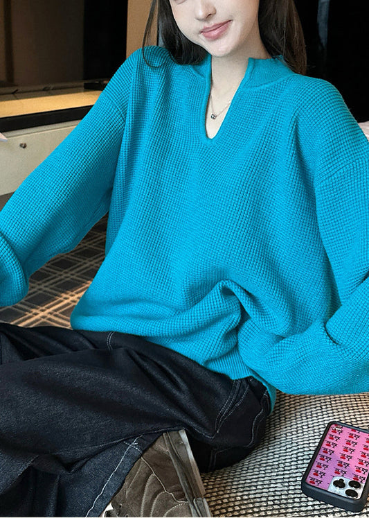 Italian Blue V Neck Oversized Knit Sweater Fall