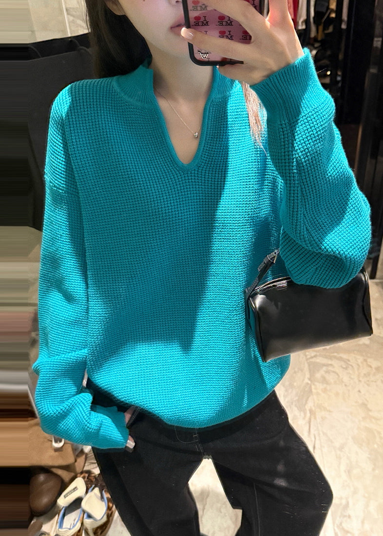 Italian Blue V Neck Oversized Knit Sweater Fall