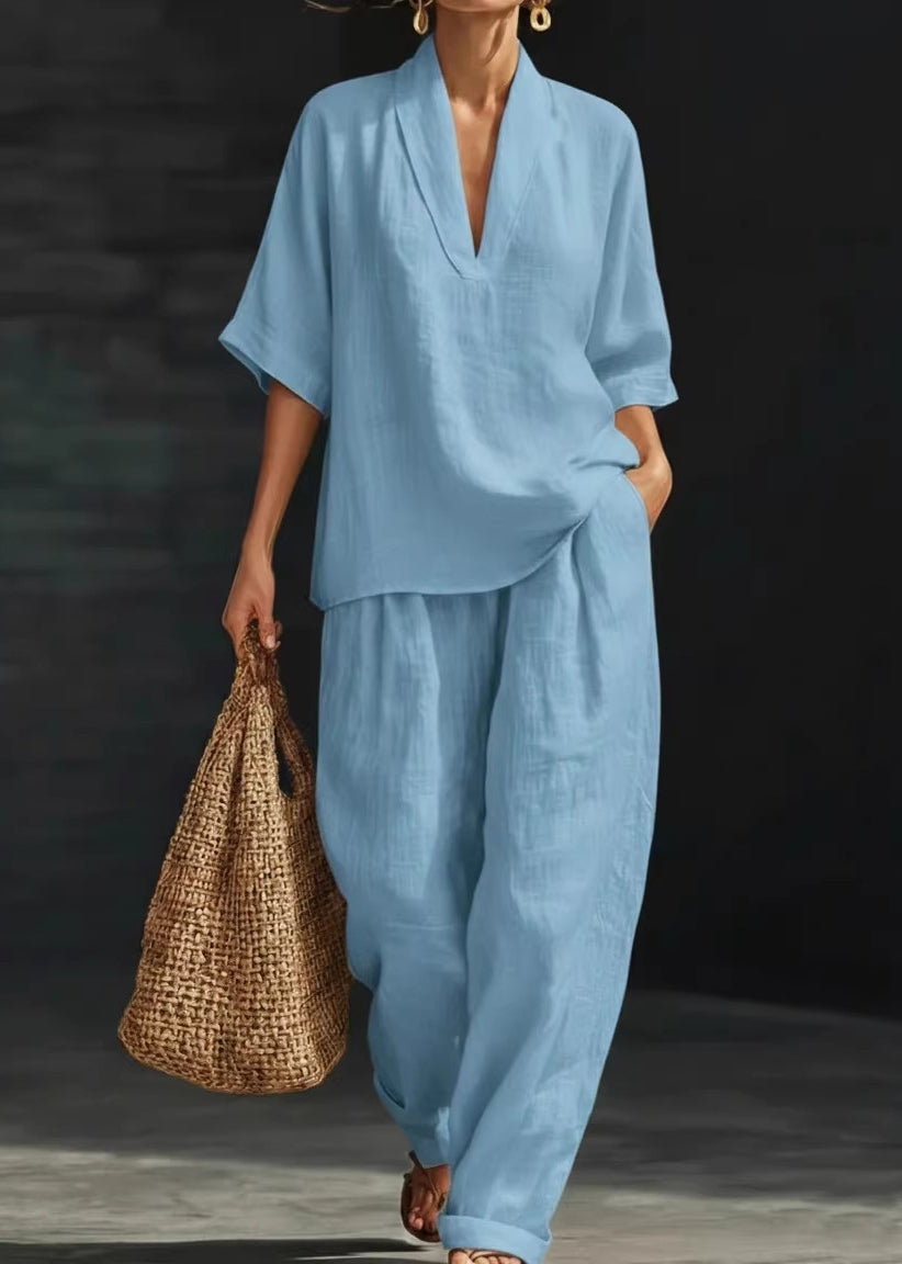 Italian Blue V Neck Oversized Linen Two Pieces Set Summer