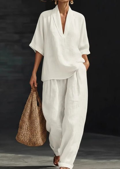Italian Blue V Neck Oversized Linen Two Pieces Set Summer