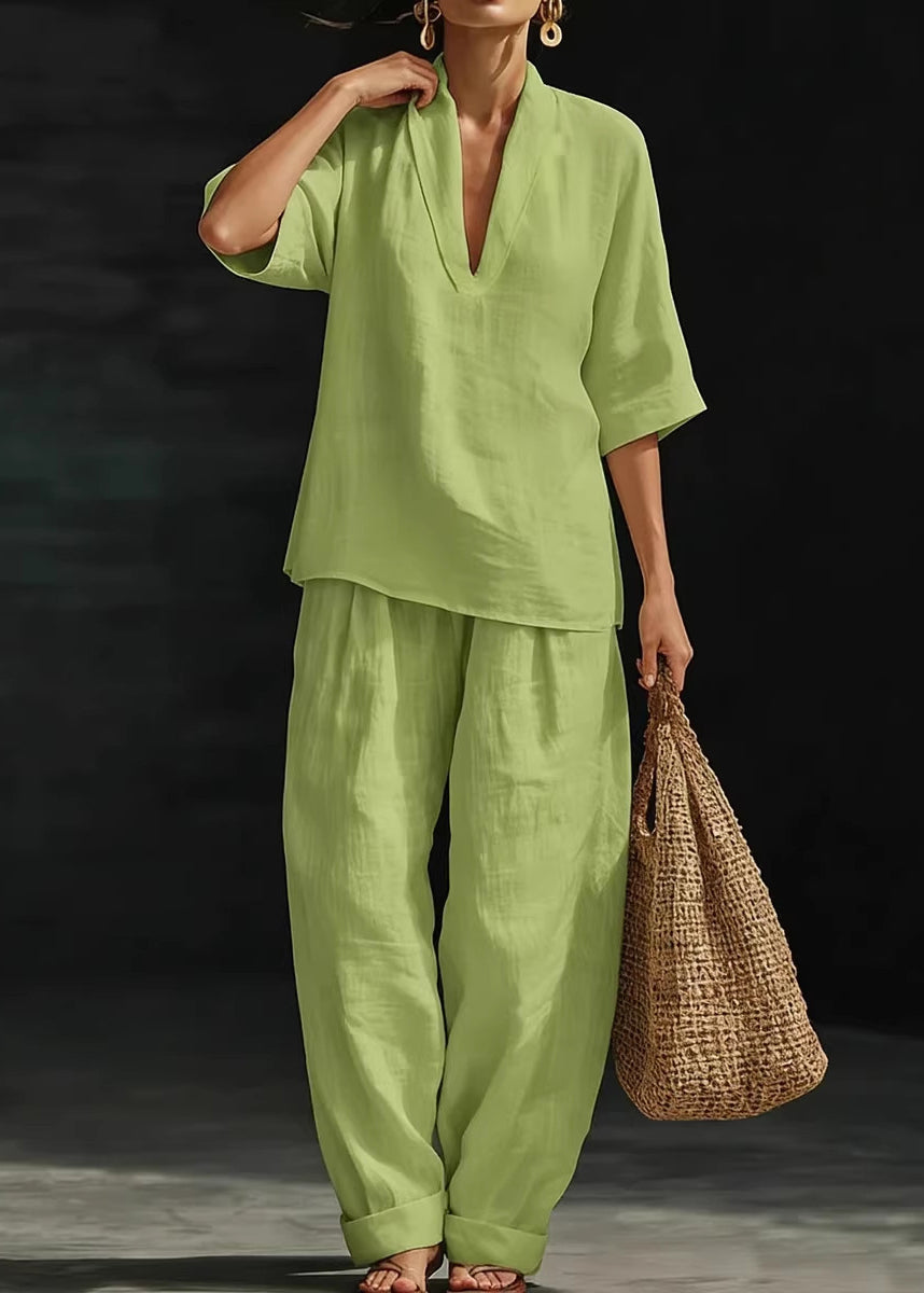 Italian Blue V Neck Oversized Linen Two Pieces Set Summer