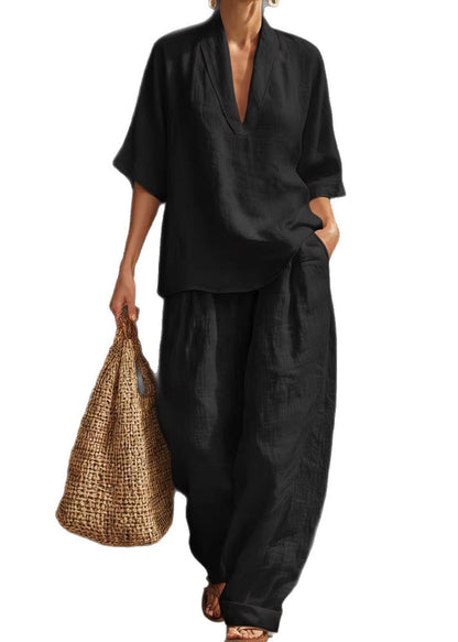 Italian Blue V Neck Oversized Linen Two Pieces Set Summer