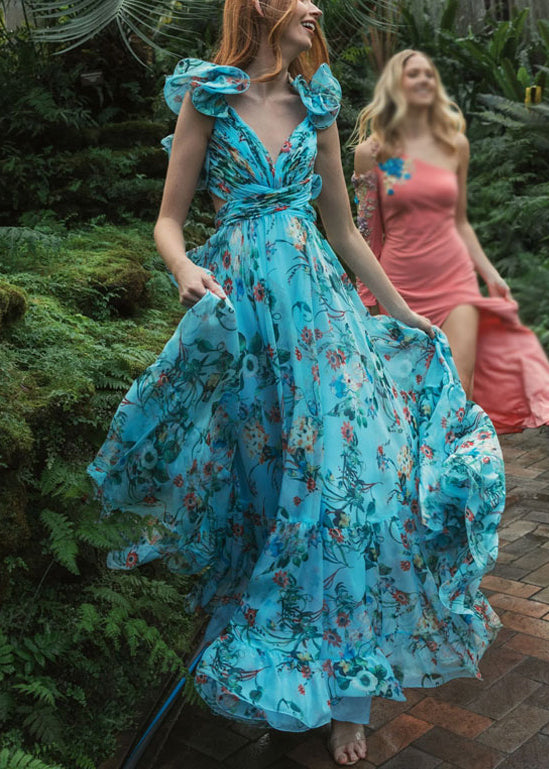 Italian Blue V Neck Print Chiffon Maxi Dresses Summer