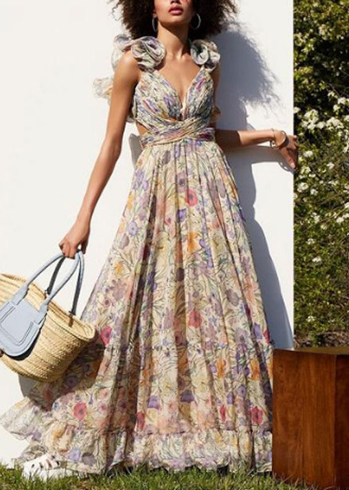 Italian Blue V Neck Print Chiffon Maxi Dresses Summer