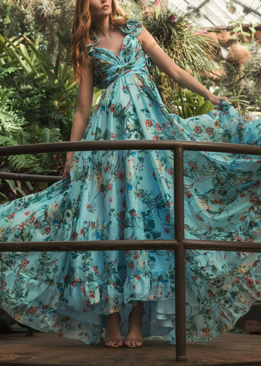 Italian Blue V Neck Print Chiffon Maxi Dresses Summer