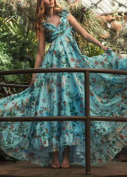 Italian Blue V Neck Print Chiffon Maxi Dresses Summer