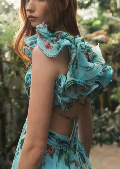 Italian Blue V Neck Print Chiffon Maxi Dresses Summer