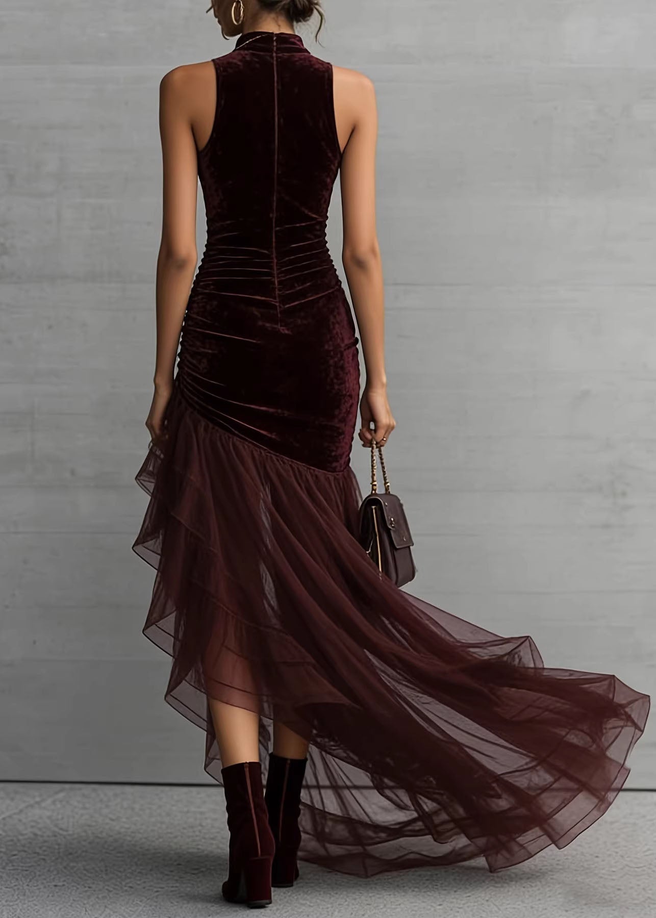Italian Brown Asymmetrical Tulle Patchwork Velvet Long Dress Sleeveless